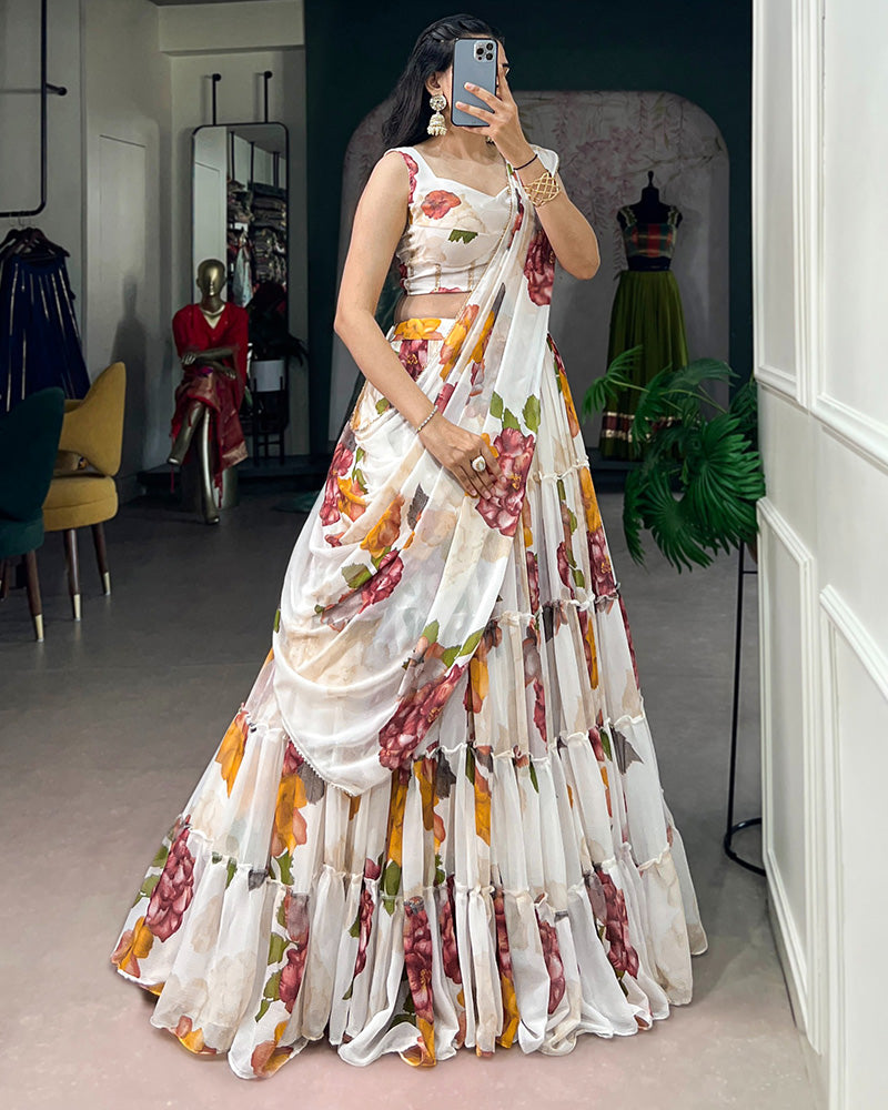 White Color Lightweight Chiffon Printed Lehenga Choli