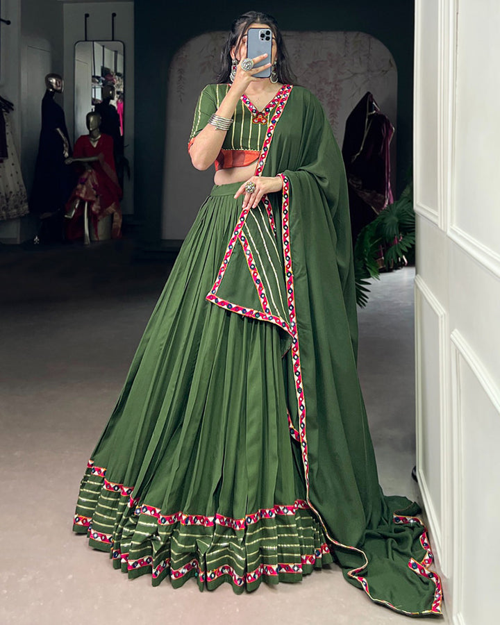 Vibrant Mehndi Color Rayon Gamthi Work Navratri Lehenga Choli
