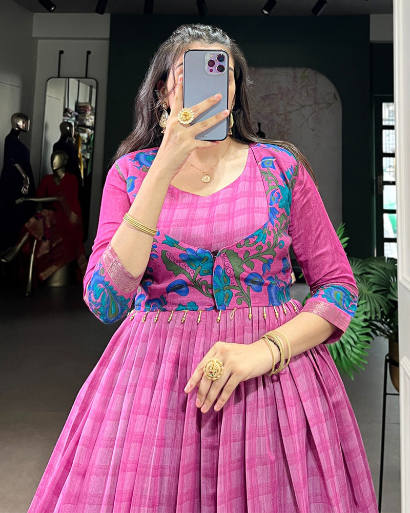 Designer Pink Color Polyster Viscose Chanderi Gown