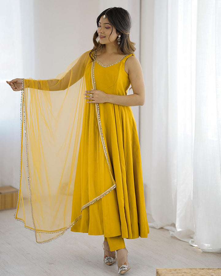 Designer Yellow Color Roman Chanderi Silk Anarkali Suit