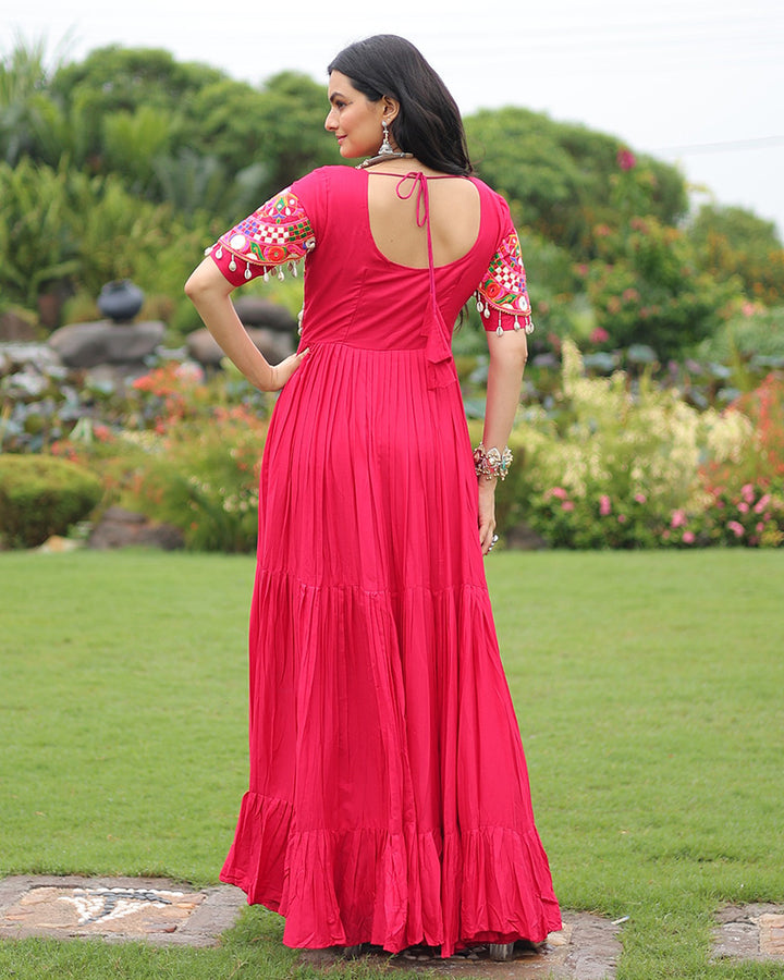 Navratri Wear Rani Pink Color Rayon Gamthi Work Gown
