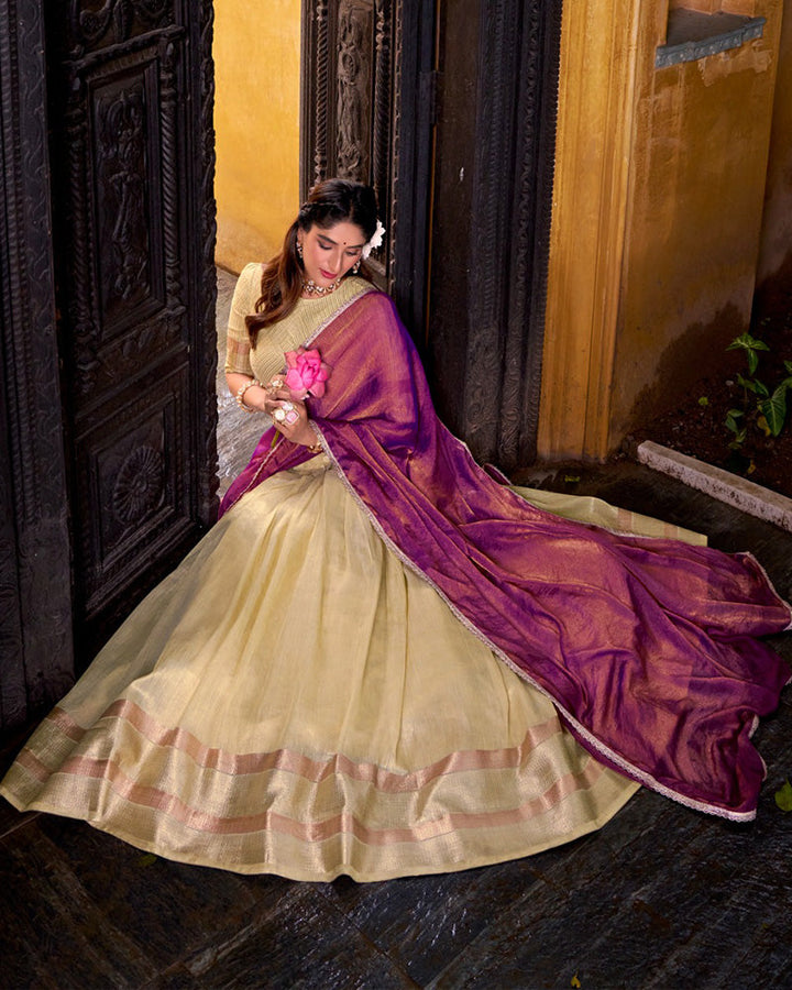 Yelllow Color Dupion Silk Zari Weaving Half Saree