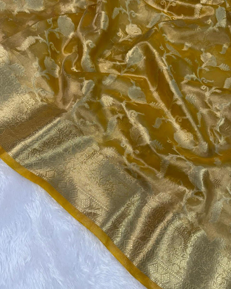 Golden Color Banarasi Tissue Zari Weaving Saree
