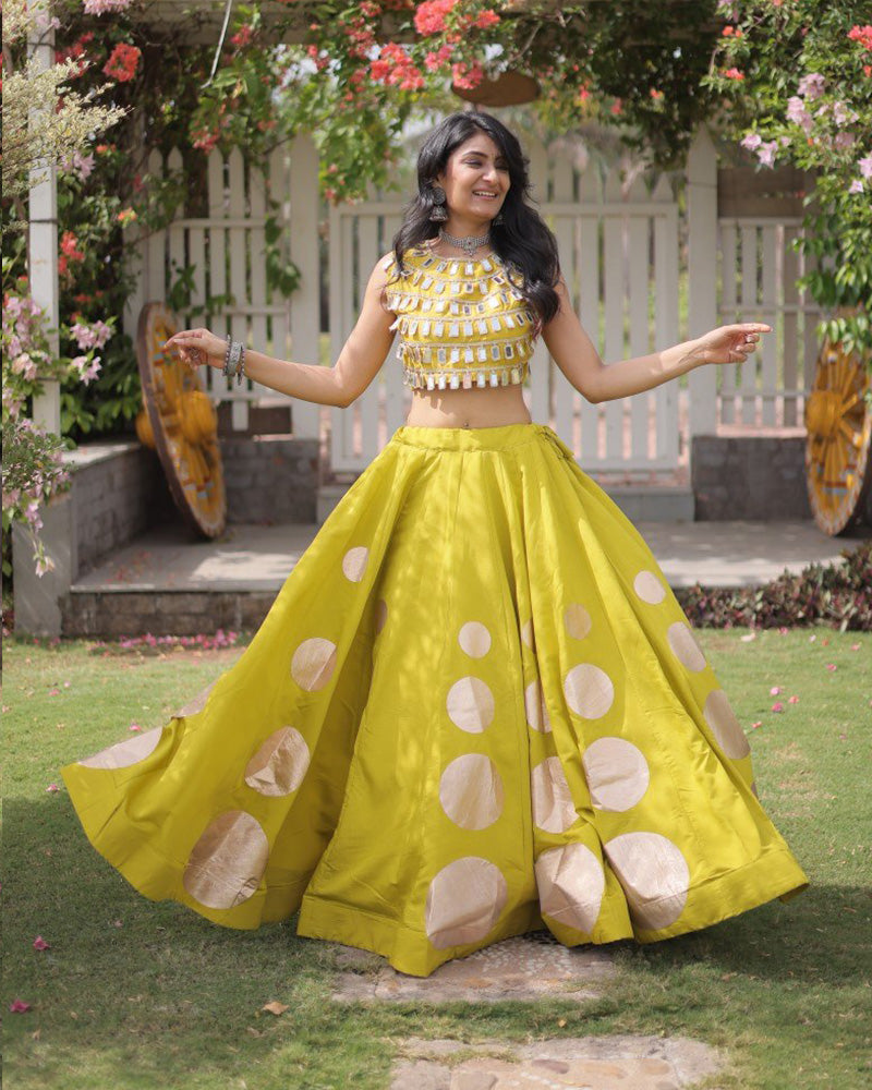 Traditional Parrot Green Roman Silk Navratri Wear Lehenga Choli