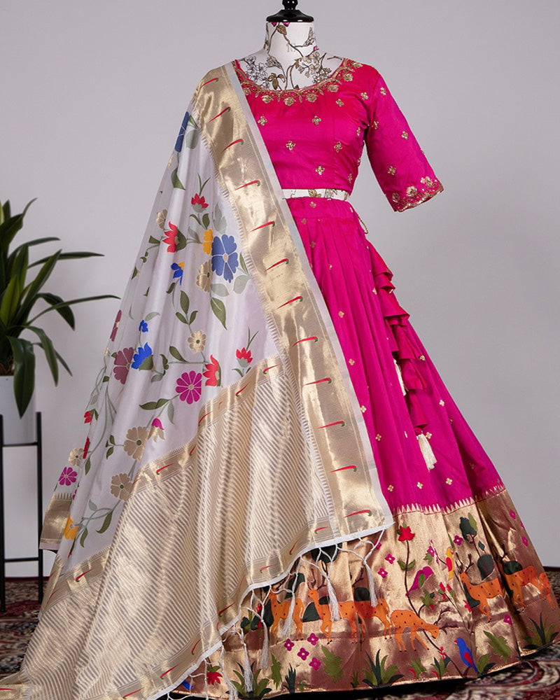 Rani Pink Color Weaving Zari Work Jacquard Silk Paithani Lehenga Choli