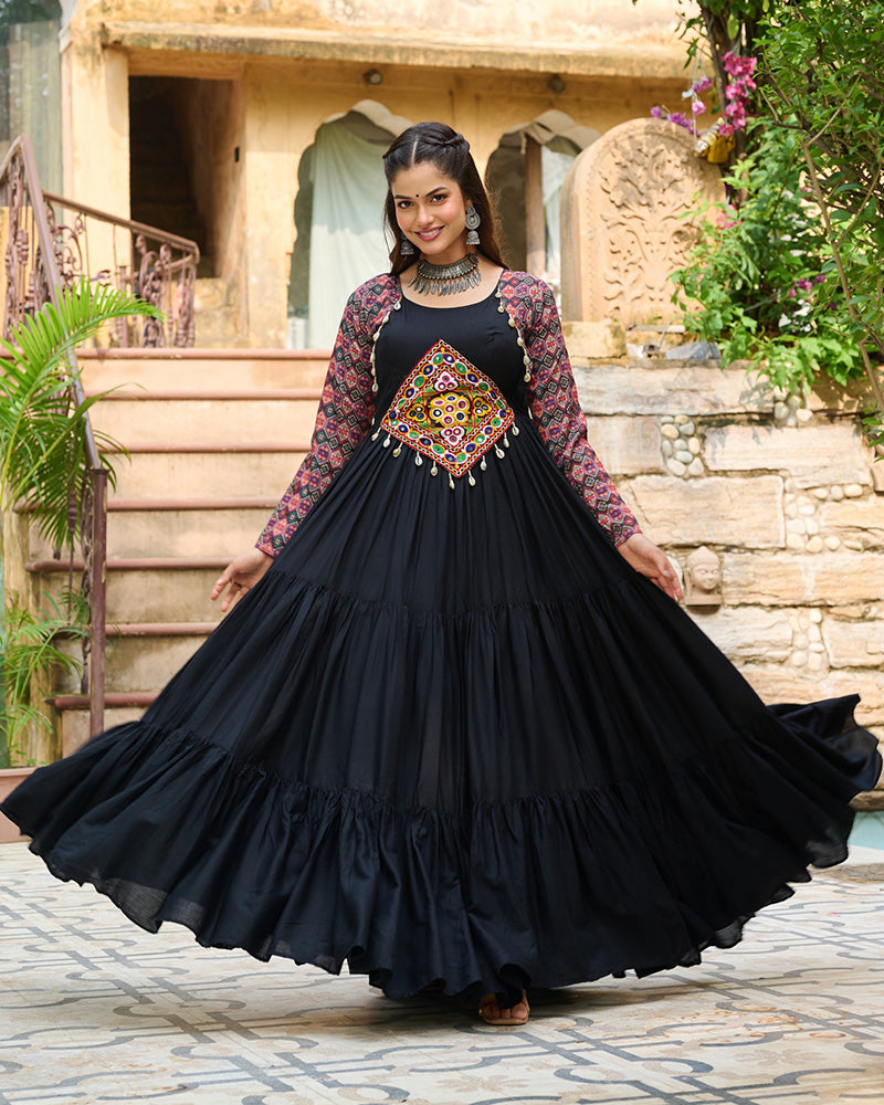 Full Flair Black Rayon Gown With Multicolor Embroidery
