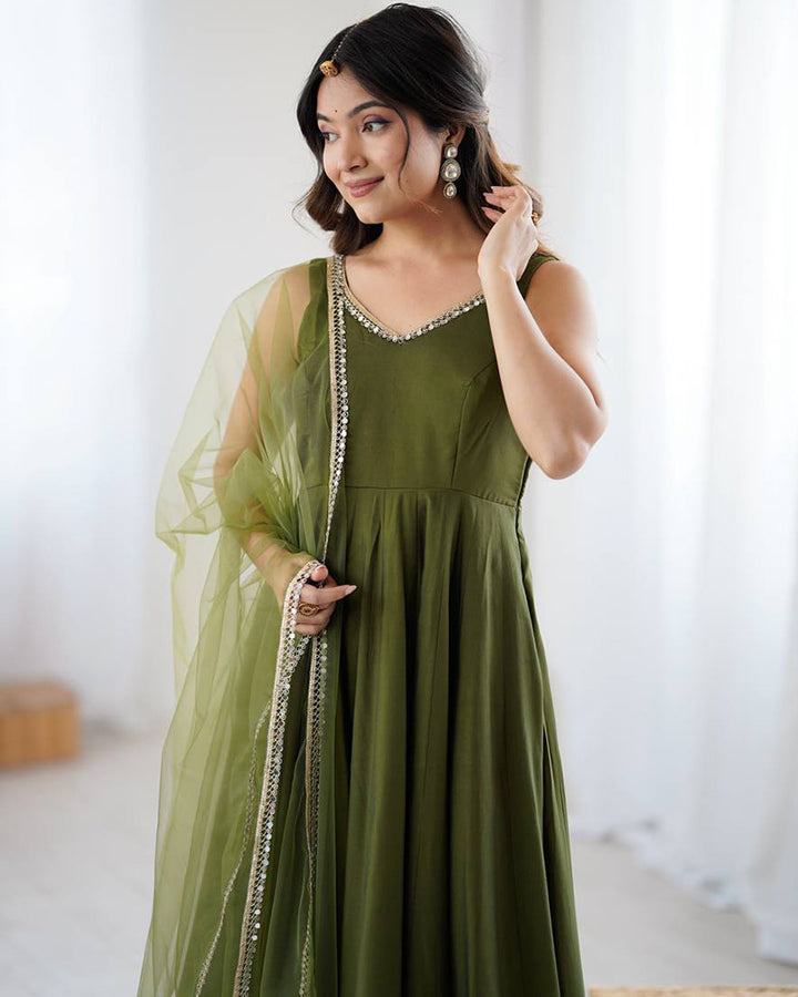 Designer Mehndi Color Roman Chanderi Silk Anarkali Suit