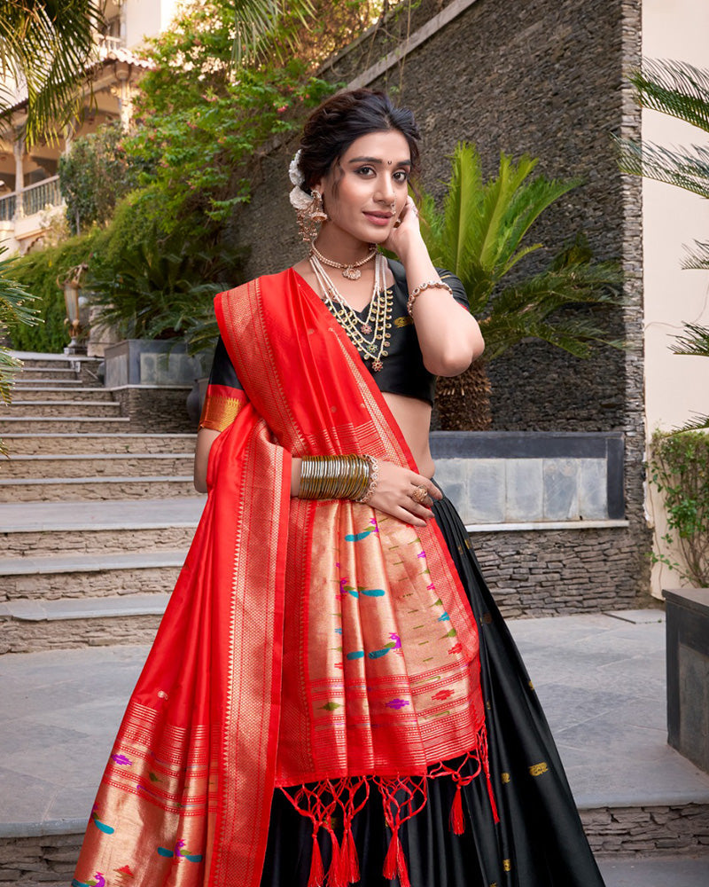 Black Color Jacquard Silk Zari Weaving Work Half Saree