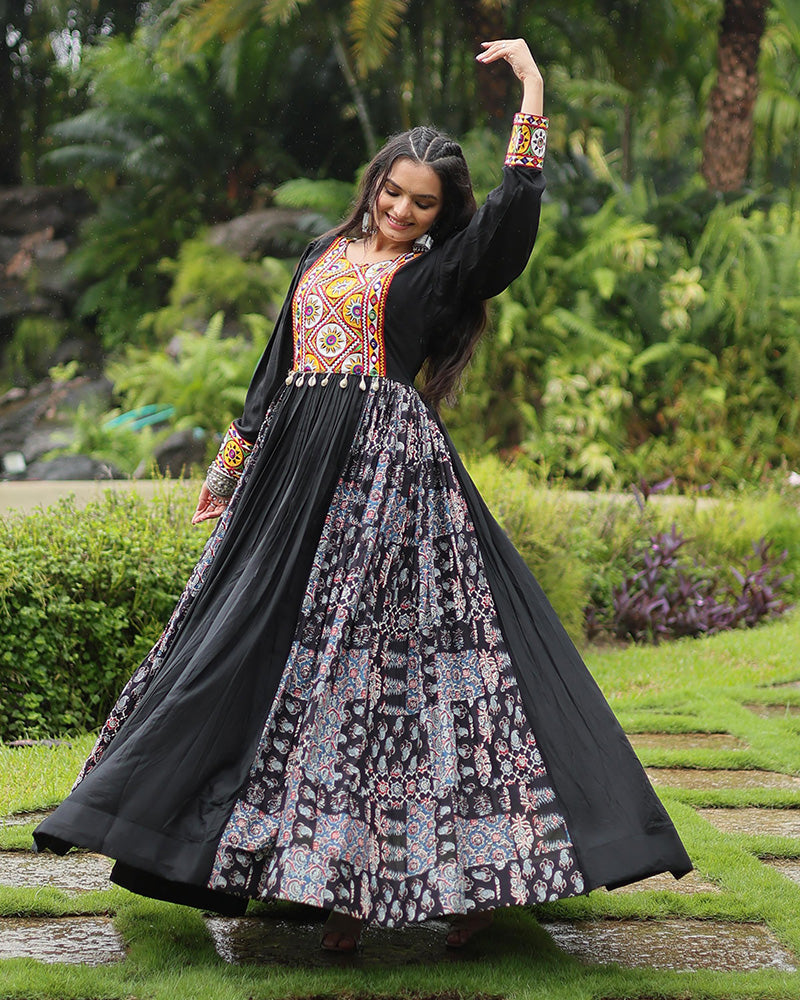 Black Color Rayon Gamthi Work Navratri Gown
