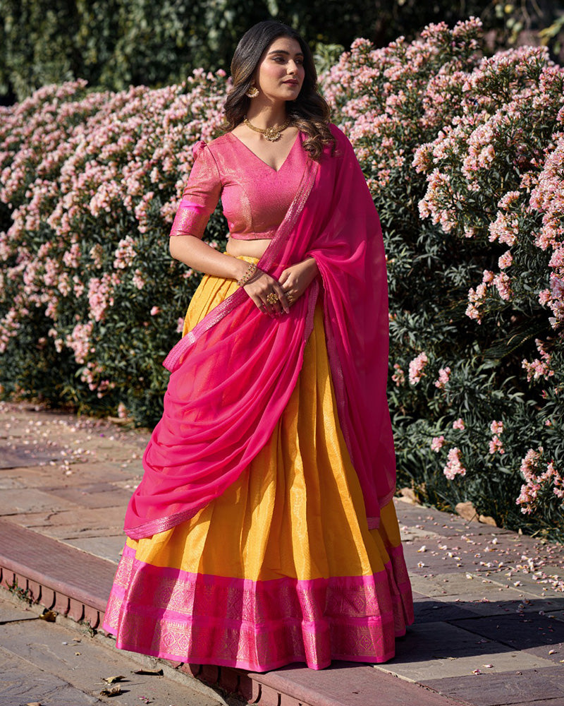 Mustard Color Kanchipuram Silk Designer Half Saree