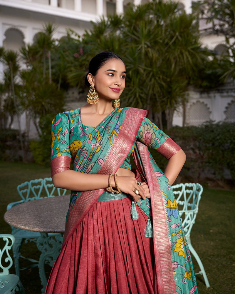 Orange Color Dola Silk Kalamkari Printed Half Saree