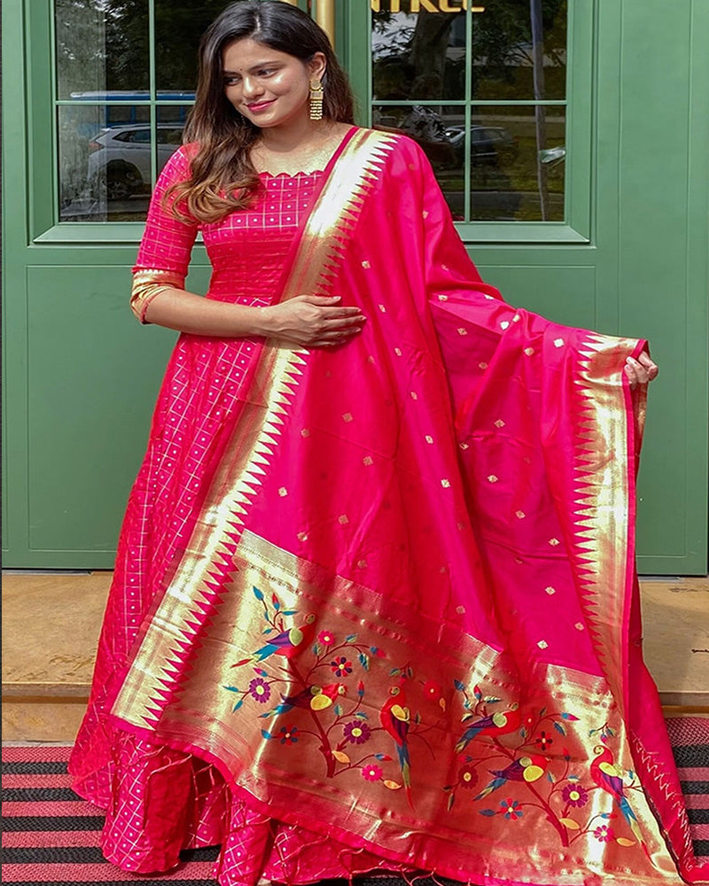 Pink Unique Jacquard Weaving Work Gown With Dupatta