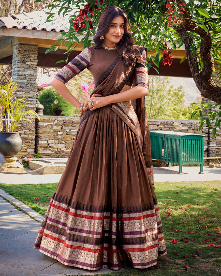 Brown Color Pure Chanderi Plain Half Saree