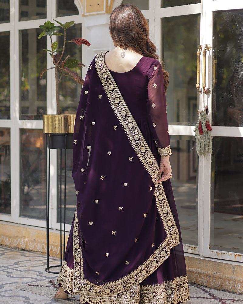 Wine Color Faux Blooming Embroidered Gown