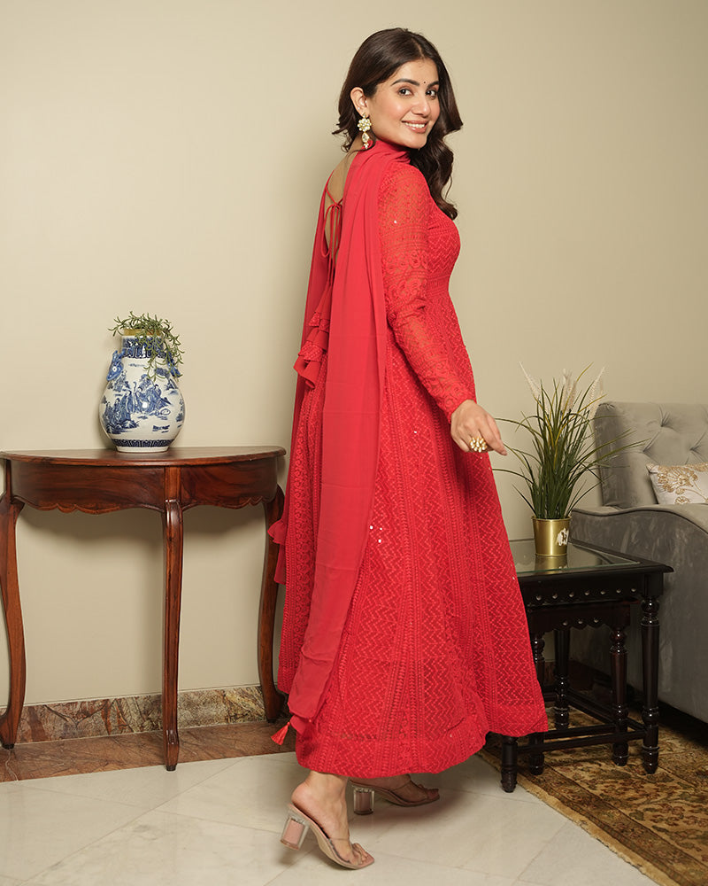 Red Color Georgette Lucknowi Three Piece Anarkali Suit – Iraho