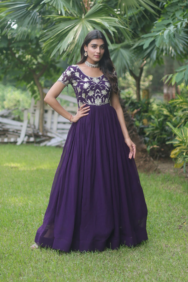 Purple Color Amazing Coding Sequence Embroidery Faux Blooming Gown