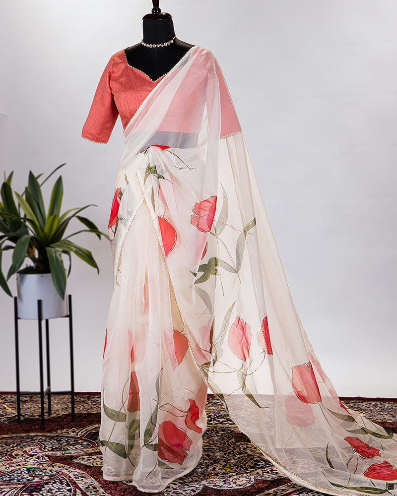 Cream Color Floral & Foil Printed Organza Saree With Plain Blouse