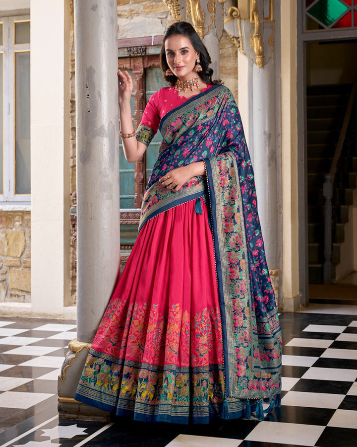 Designer Pink Color Tussar Silk Printed With Foil Work Lehenga Choli