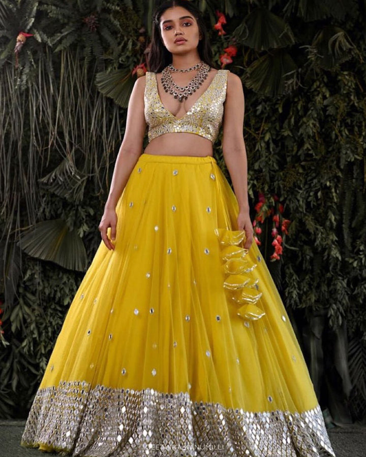 Haldi Yellow Soft Net Paper Mirror Work Lehenga Choli