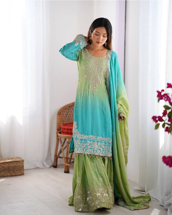 Pista Green Color Chinnon Sequence Work Plazzo Suit