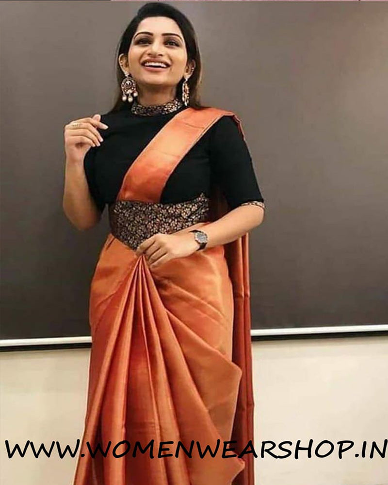 Happy Customer Orange Chinon Paper Silk Ready To Wear Saree With Belt