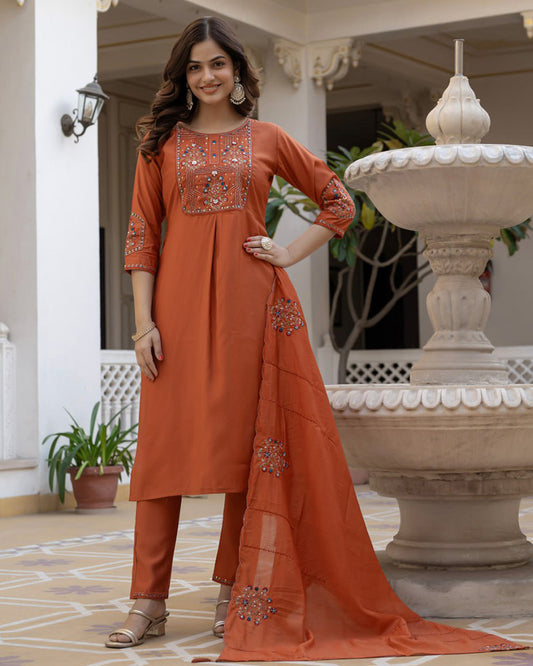 Rust Orange Color Mango Silk Embroidered Kurti Suit
