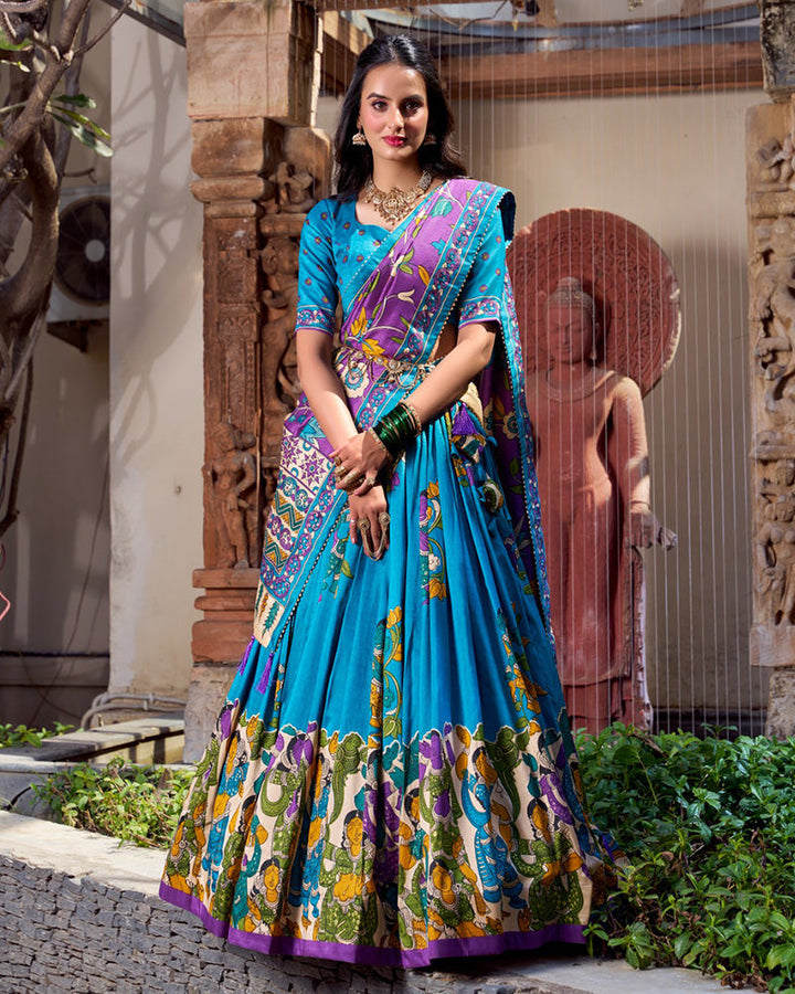 Firozi Color Tussar Silk Kalamkari Printed Half Saree