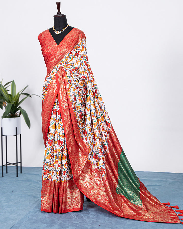Red Color Patola Print With Foil Work Dola Silk Saree