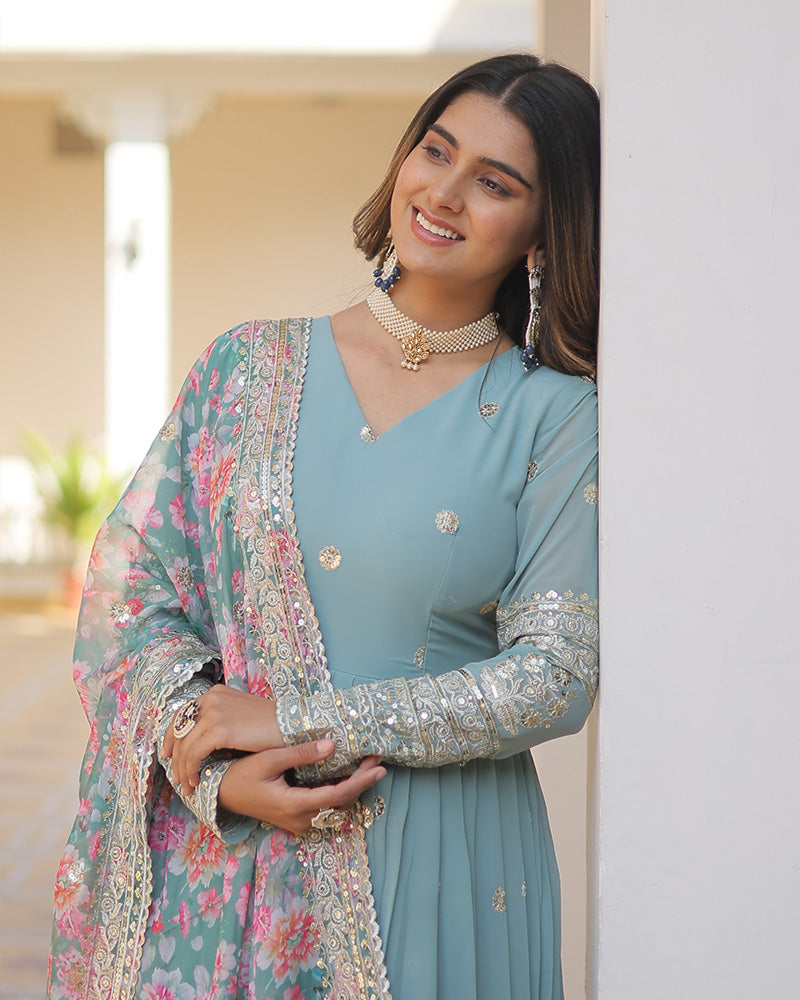 Sky Color Faux Georgette Designer Gown With Dupatta