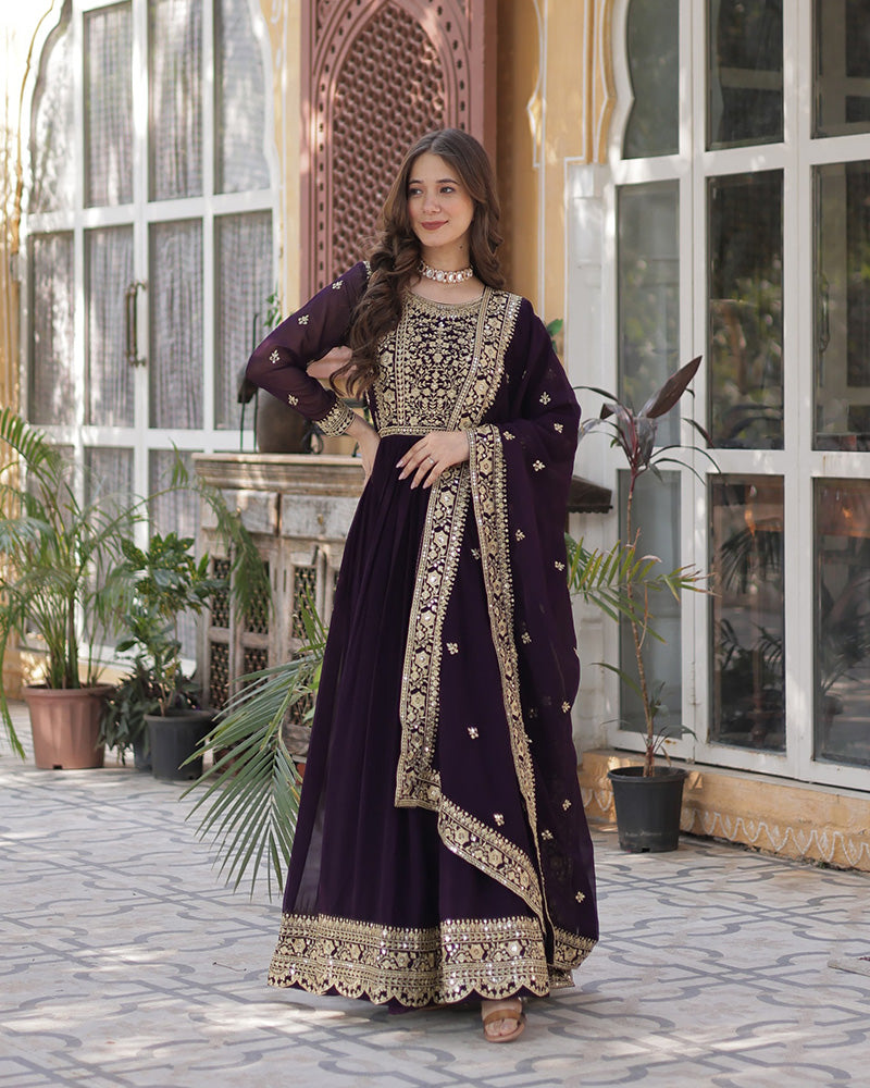 Wine Color Faux Blooming Embroidered Gown