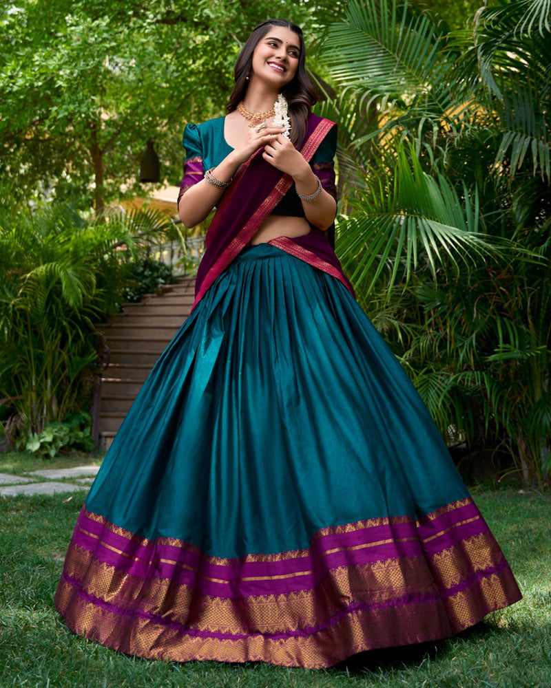 Teal Green Color Poly Cotton Zari Weaving Work Half Saree