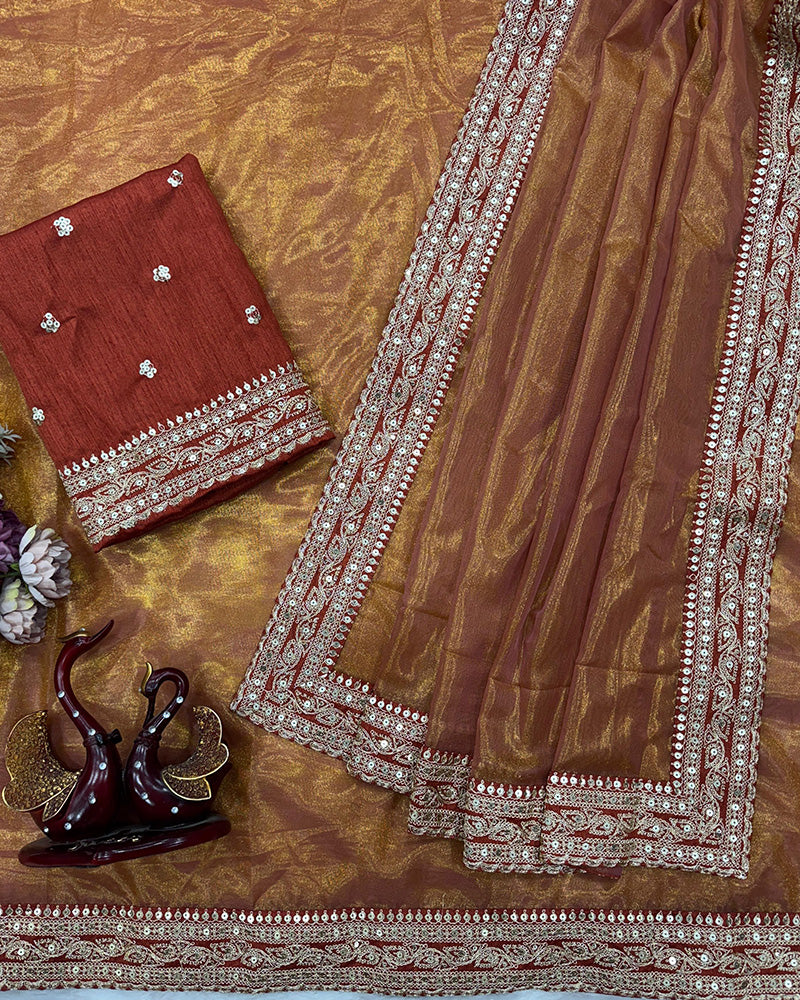 Brown Color Soft Twil Net Embroidered Saree