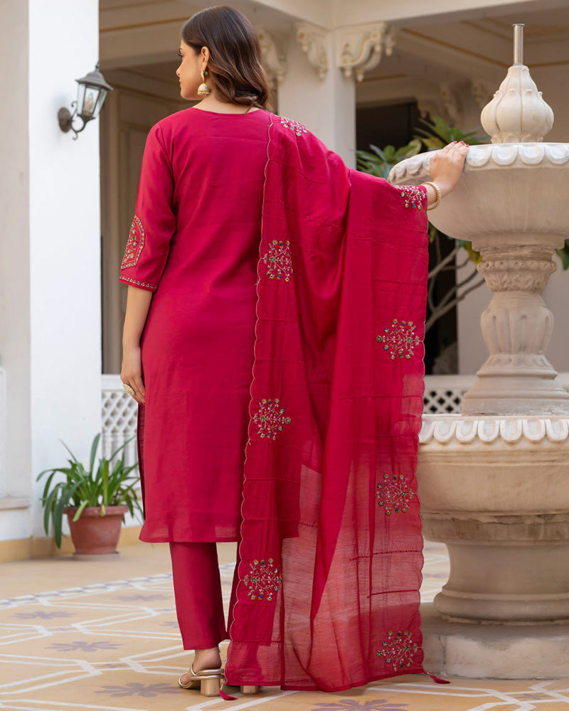 Rani Pink Color Mango Silk Embroidered Kurti Suit