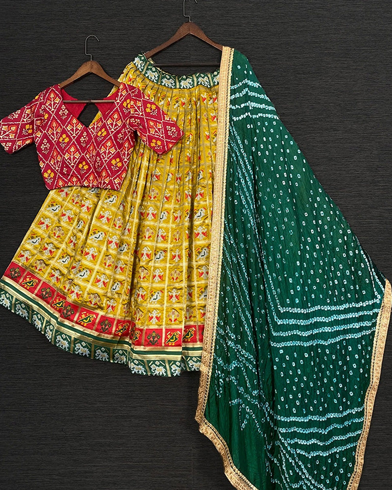 Mustard Color Latest  Patola Jacquard  Lehenga Choli For Navratri Festival