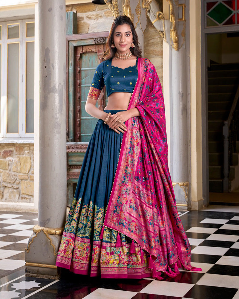 Designer Royal Blue Color Tussar Silk Printed With Foil Work Lehenga Choli