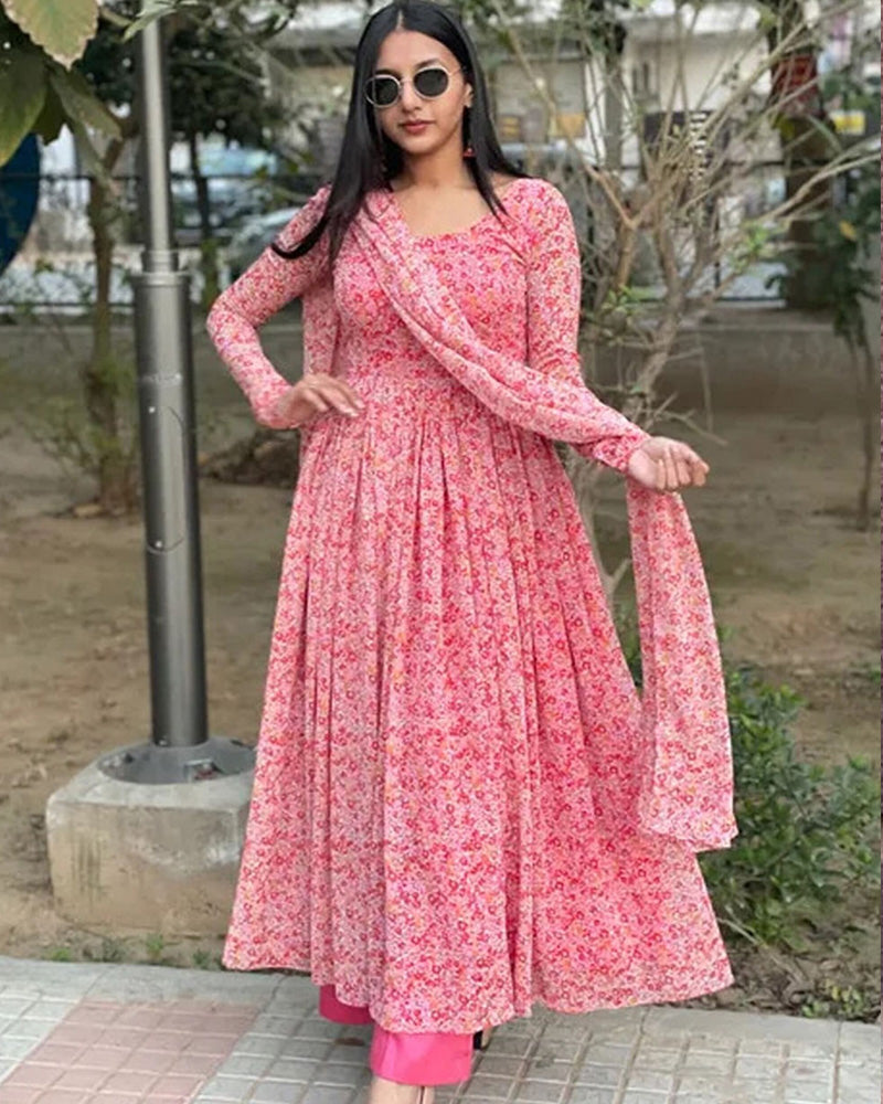 Pink Chinnon Chiffon Silk Printed Salwar Suit