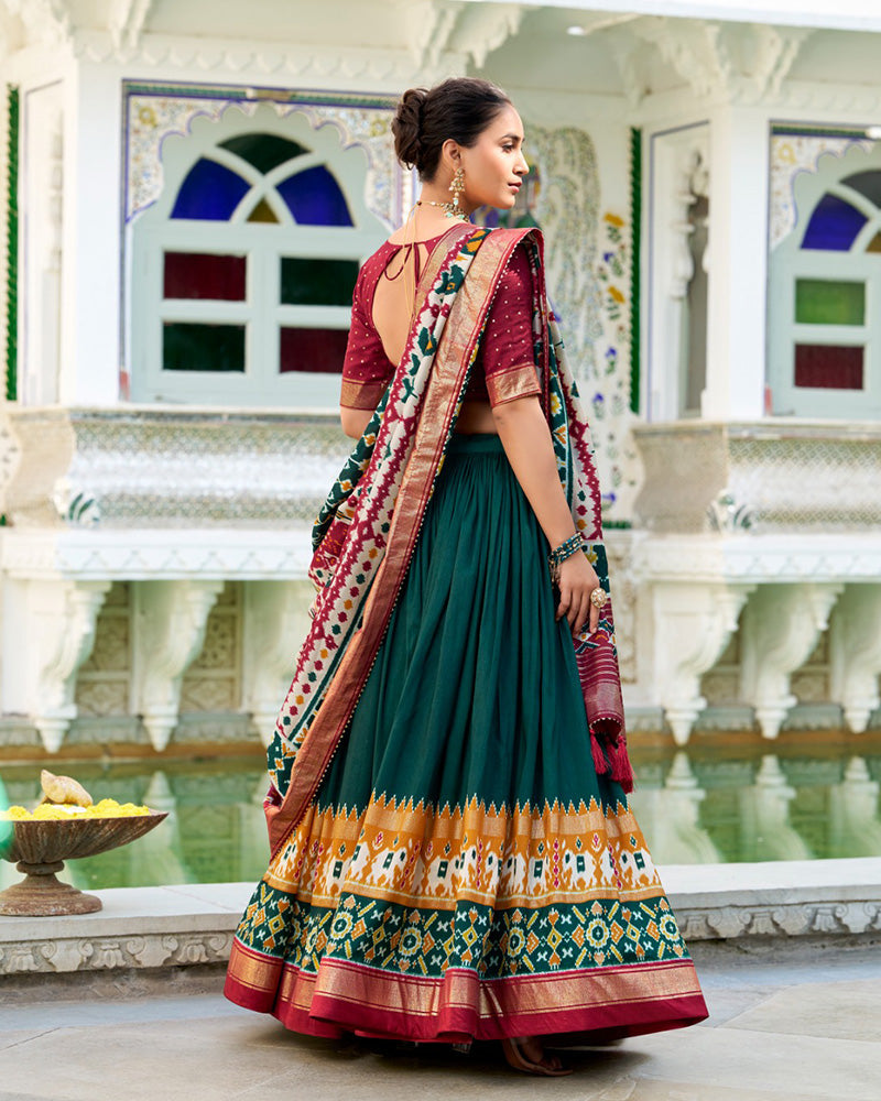 Green Color Tussar Silk Patola Printed Half Saree