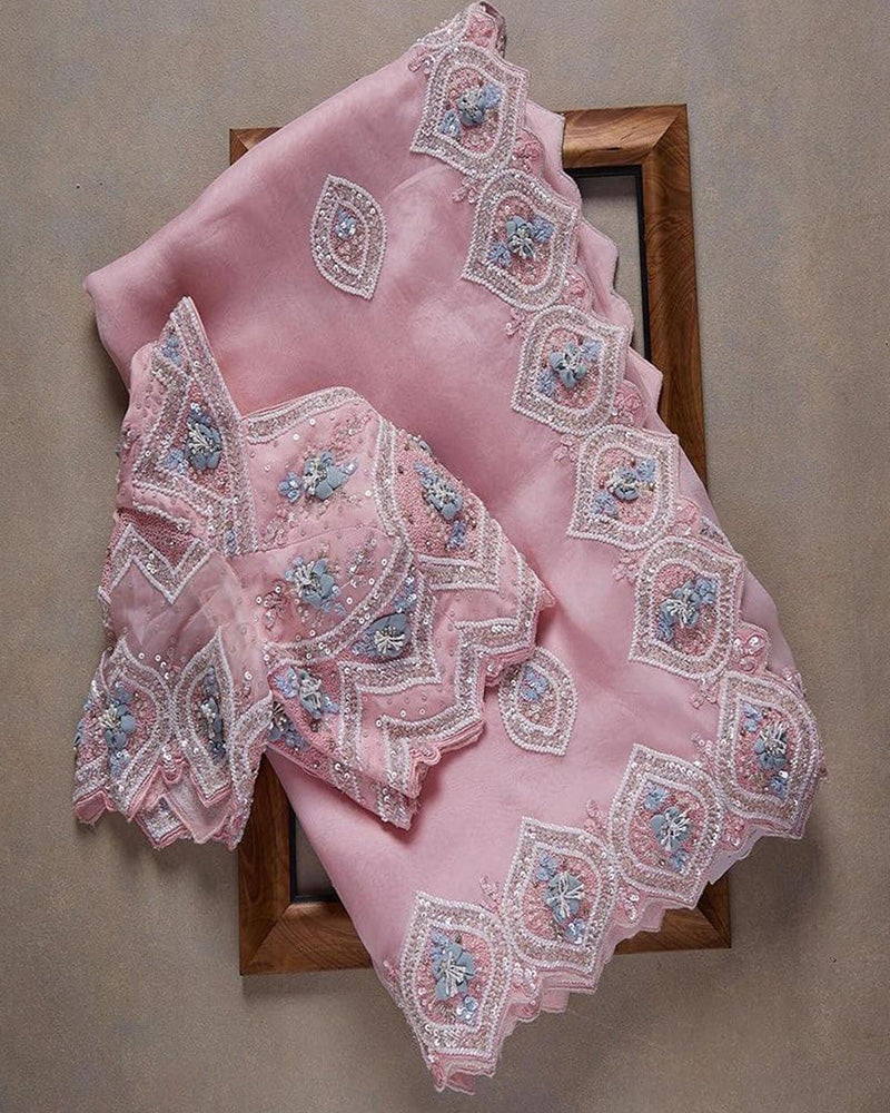 Pink Amazing Resham Zari Sequins Organza Saree