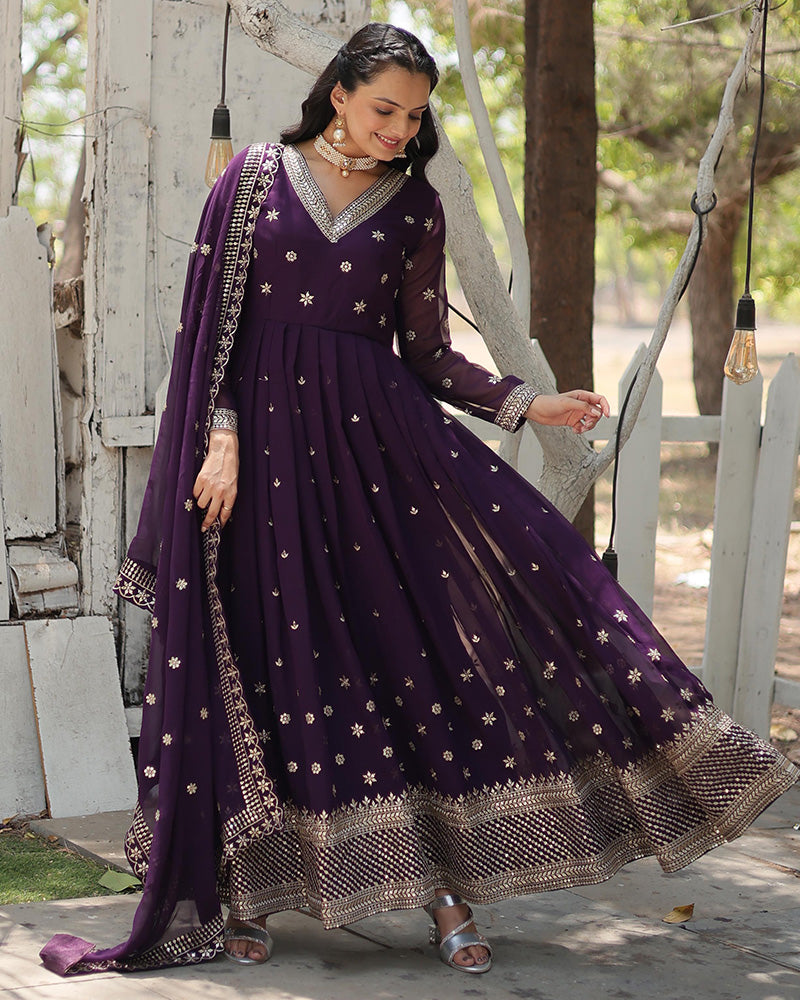 Designer Purple Color Faux Blooming Embroidered Gown