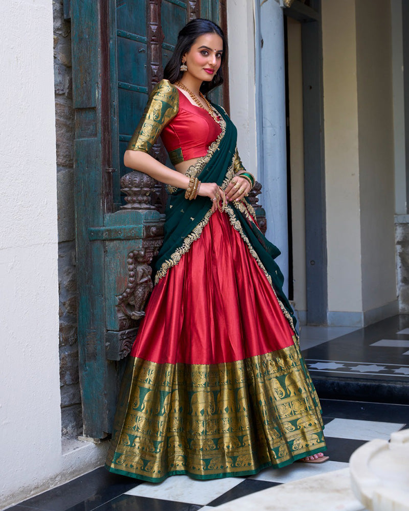Red Color Narayan Pattu Silk Designer Half Saree