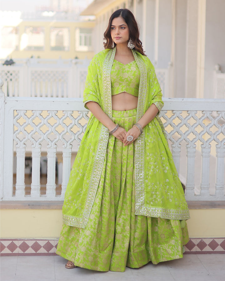 Pista Color Dyable Viscose Jacquard With Embroidered Lehenga Choli