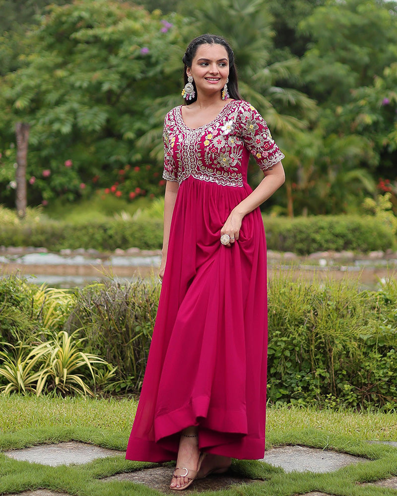 Rani Pink Color Faux Blooming Embroidered Gown