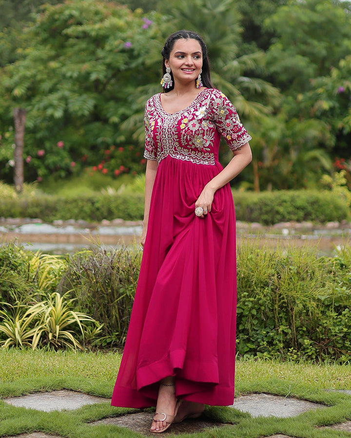 Rani Pink Color Faux Blooming Embroidered Gown
