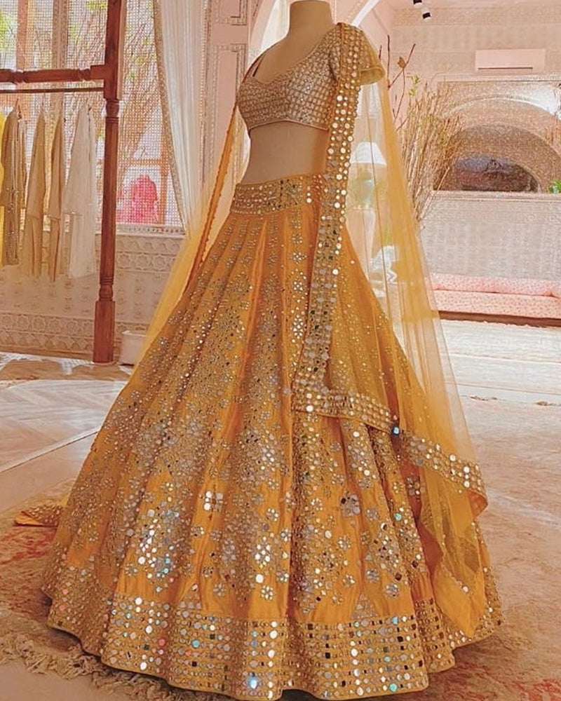 Yellow Haldi Designer Paper With Origional Mirror Lehenga Choli