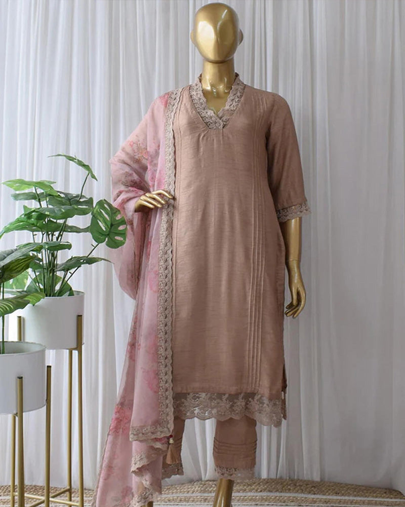 Dusty Pink Soft Cotton Silk Kurti Plazzo With Dupatta