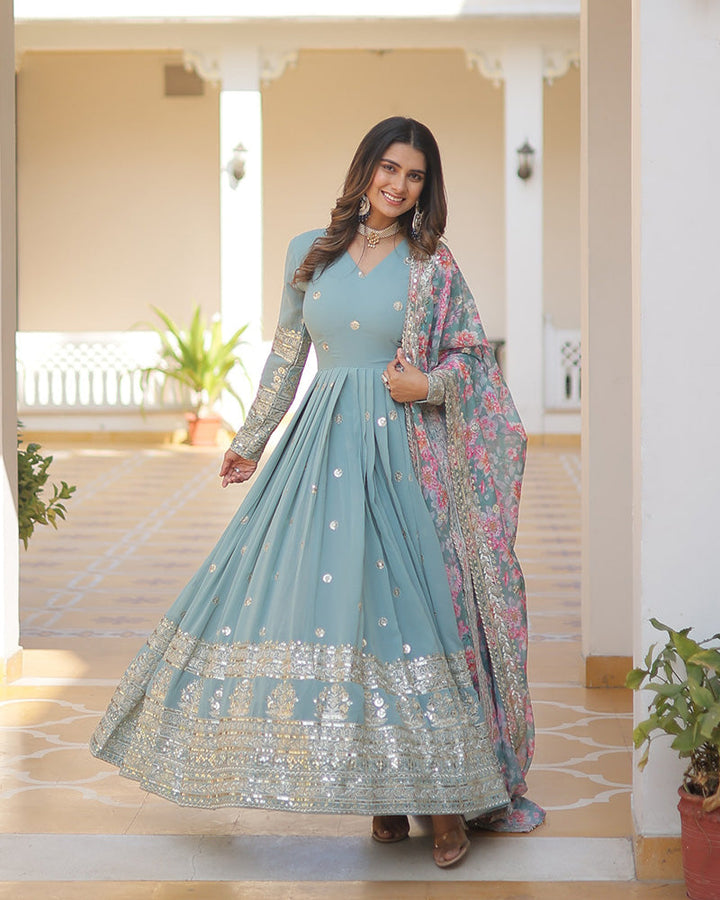 Sky Color Faux Georgette Designer Gown With Dupatta