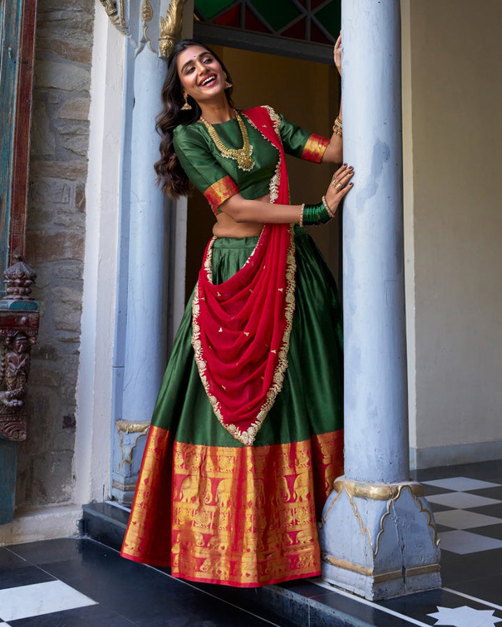 Green Color Narayan Pattu Silk Designer Half Saree