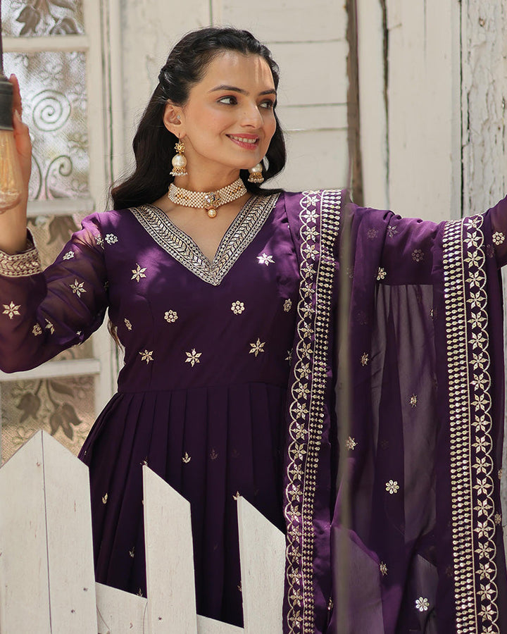 Designer Purple Color Faux Blooming Embroidered Gown