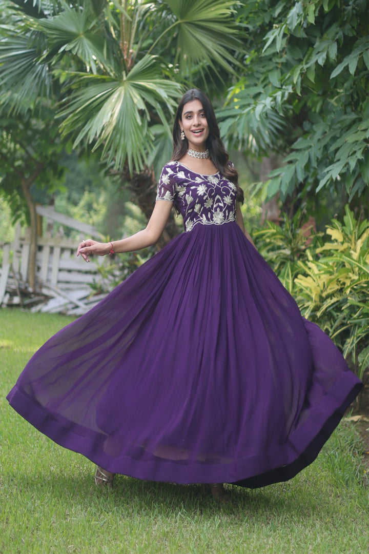 Purple Color Amazing Coding Sequence Embroidery Faux Blooming Gown