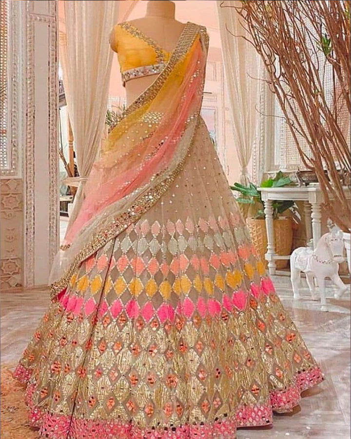 Multi Colored Butterfly Net Mirror Work Lehenga Choli